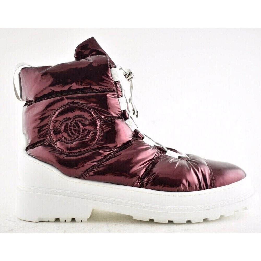Chanel 18K Red Metallized Fabric CC Logo Snow Winter Drawstring Short Boots 42